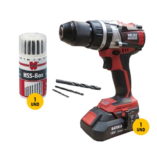 TALAD PERCUTOR A BTRY 18V 2AH BRUSHLES + CAJA BROCAS 19 PC